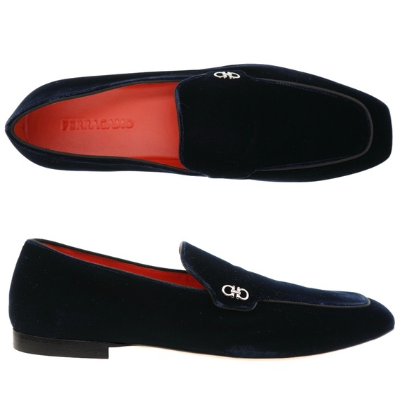 Salvatore Ferragamo Frame Loafers Navy Blue Velvet Fabric Size 12 New - Picture 1 of 7